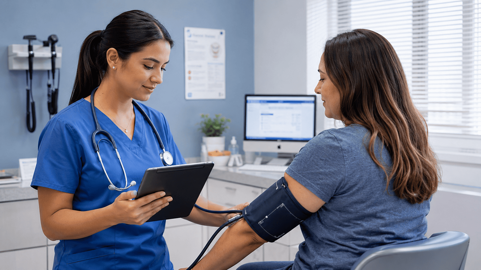 A medical assistant records a patient's blood pressure and vital signs on a tablet during a routine clinic visit.