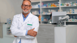 Pharmacist standing confidently in a pharmacy