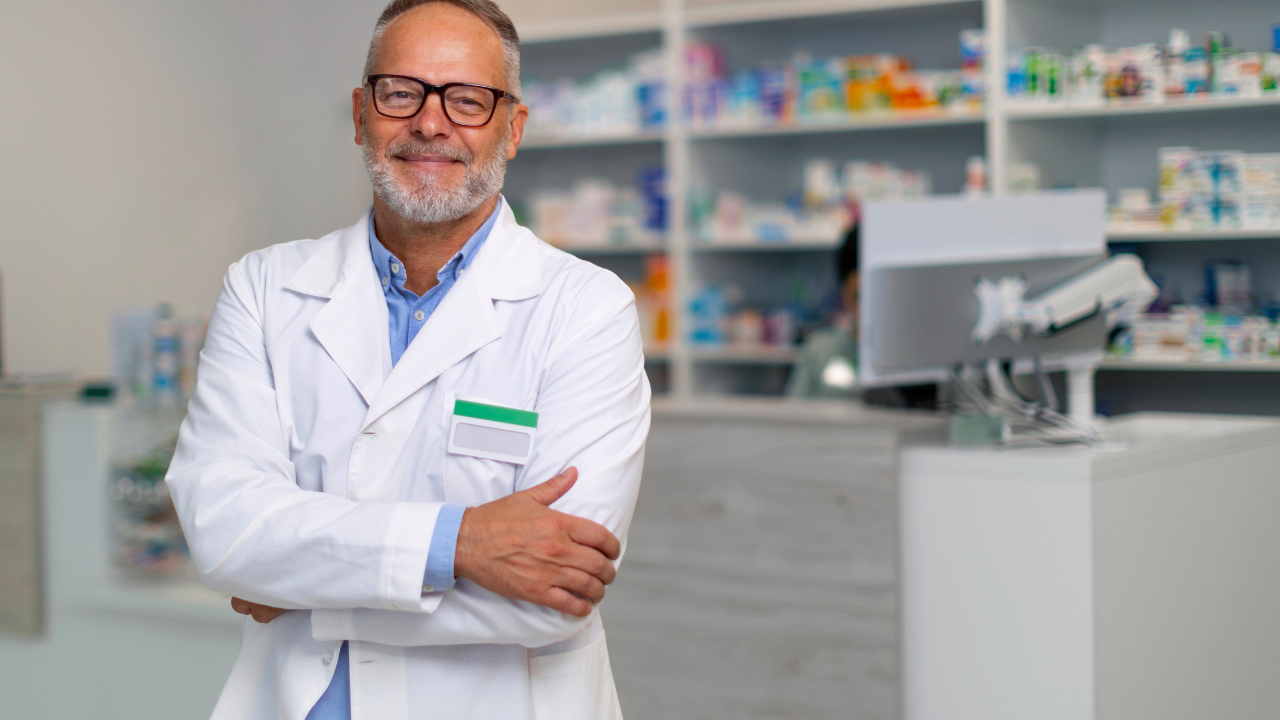 Pharmacist standing confidently in a pharmacy