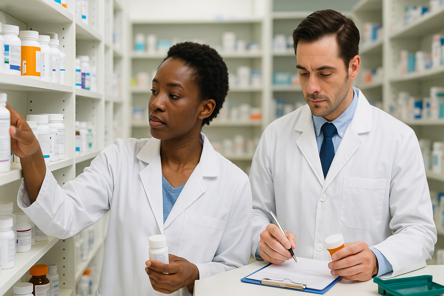 Pharmacy technician training pharmacy assistant in stocking OTC medication