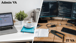 Comparing an admin VA desk to a technical IT VA's remote support workstation with tools.