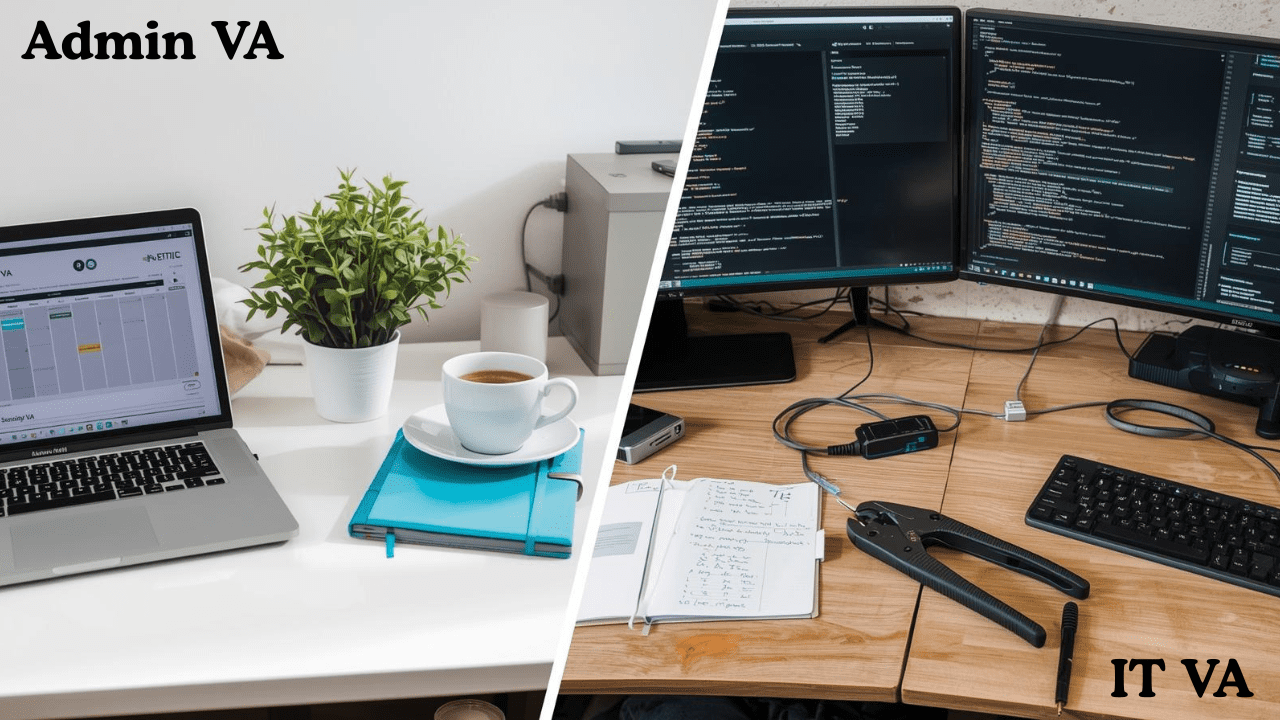 Comparing an admin VA desk to a technical IT VA's remote support workstation with tools.