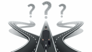 A person stands at a fork in the road with three paths, each marked by a question mark signifying confusion about a career path.
