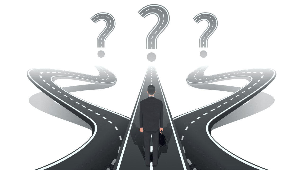 A person stands at a fork in the road with three paths, each marked by a question mark signifying confusion about a career path.