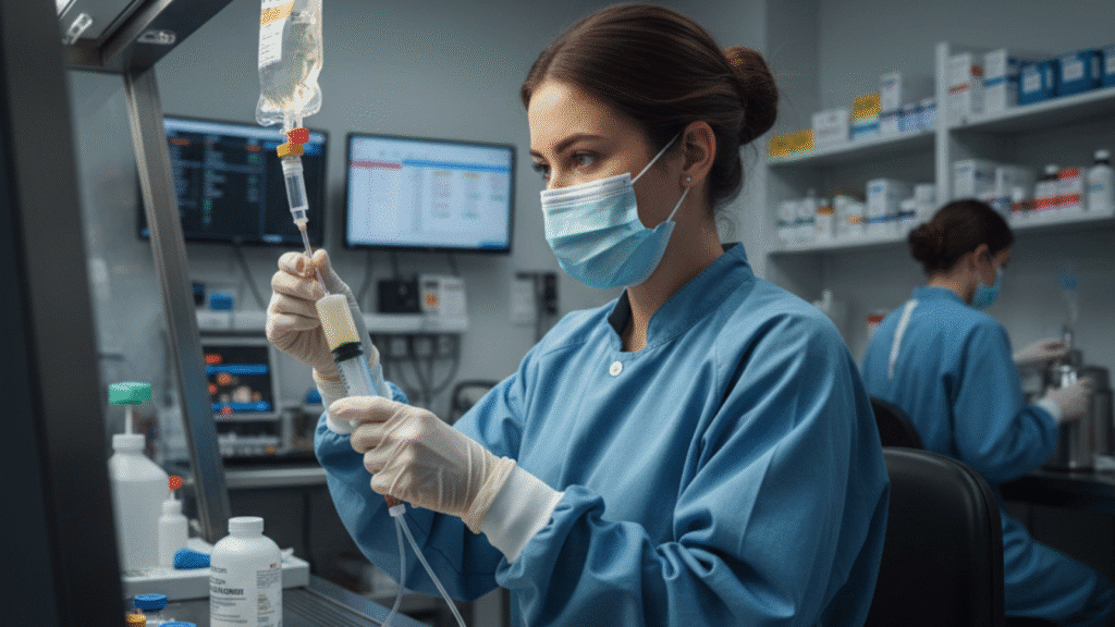 Oncology pharmacy technician preparing sterile IV for cancer pateint
