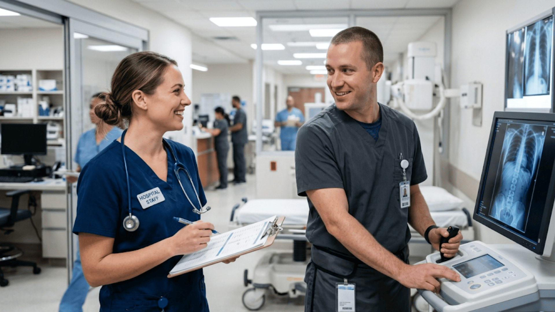 Medical assistant and radiology technician having a conversation in a large hospital facility.