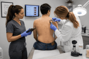 Dermatology medical assistant assisting physician during full-body skin examination in clinic