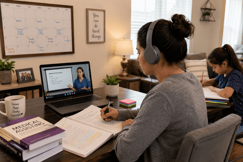 Working parent attending a live online medical assistant class from home and a child doing homework nearby