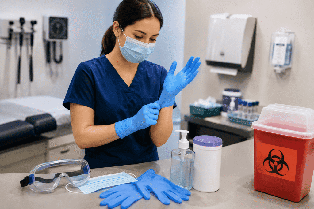 Medical assistant putting on protective gloves in a healthcare clinic with PPE, hand sanitizer, and sharps disposal container nearby