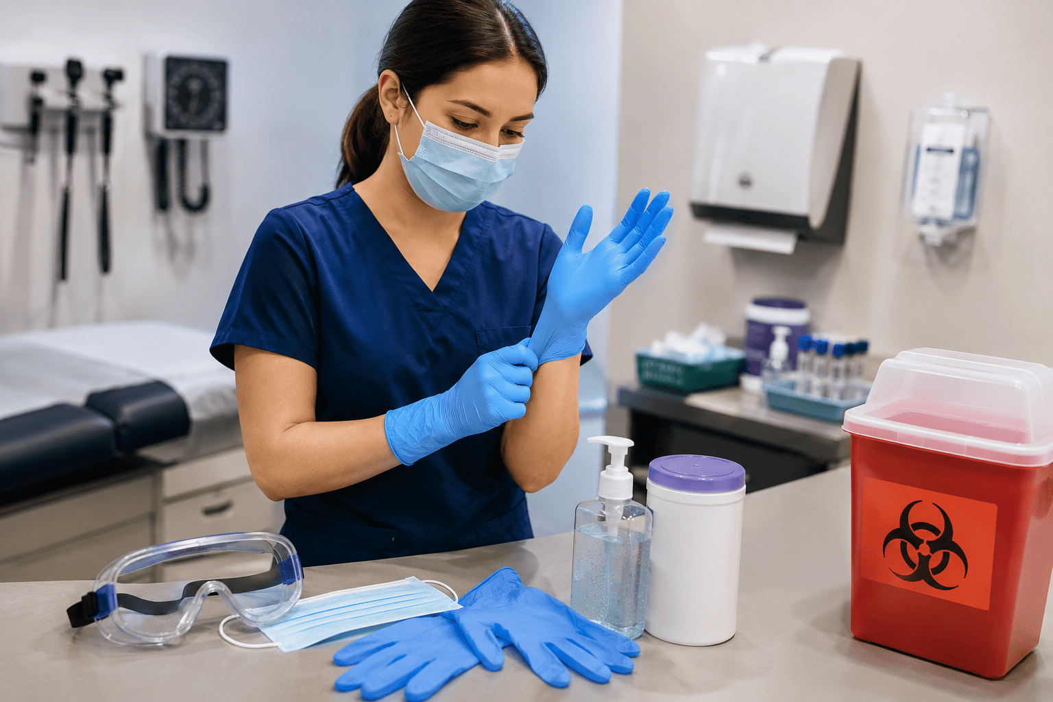 Medical assistant putting on protective gloves in a healthcare clinic with PPE, hand sanitizer, and sharps disposal container nearby