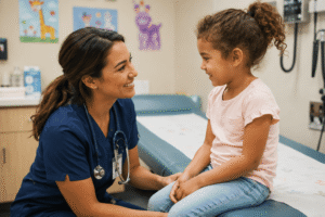 A candid photo of a medical assistant in scrubs kneeling at eye level with a young child in an exam room and smiling