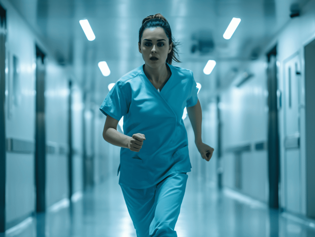 Medical assistant running in an urgent care facility during an emergency.