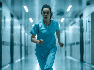 Medical assistant running in an urgent care facility during an emergency.