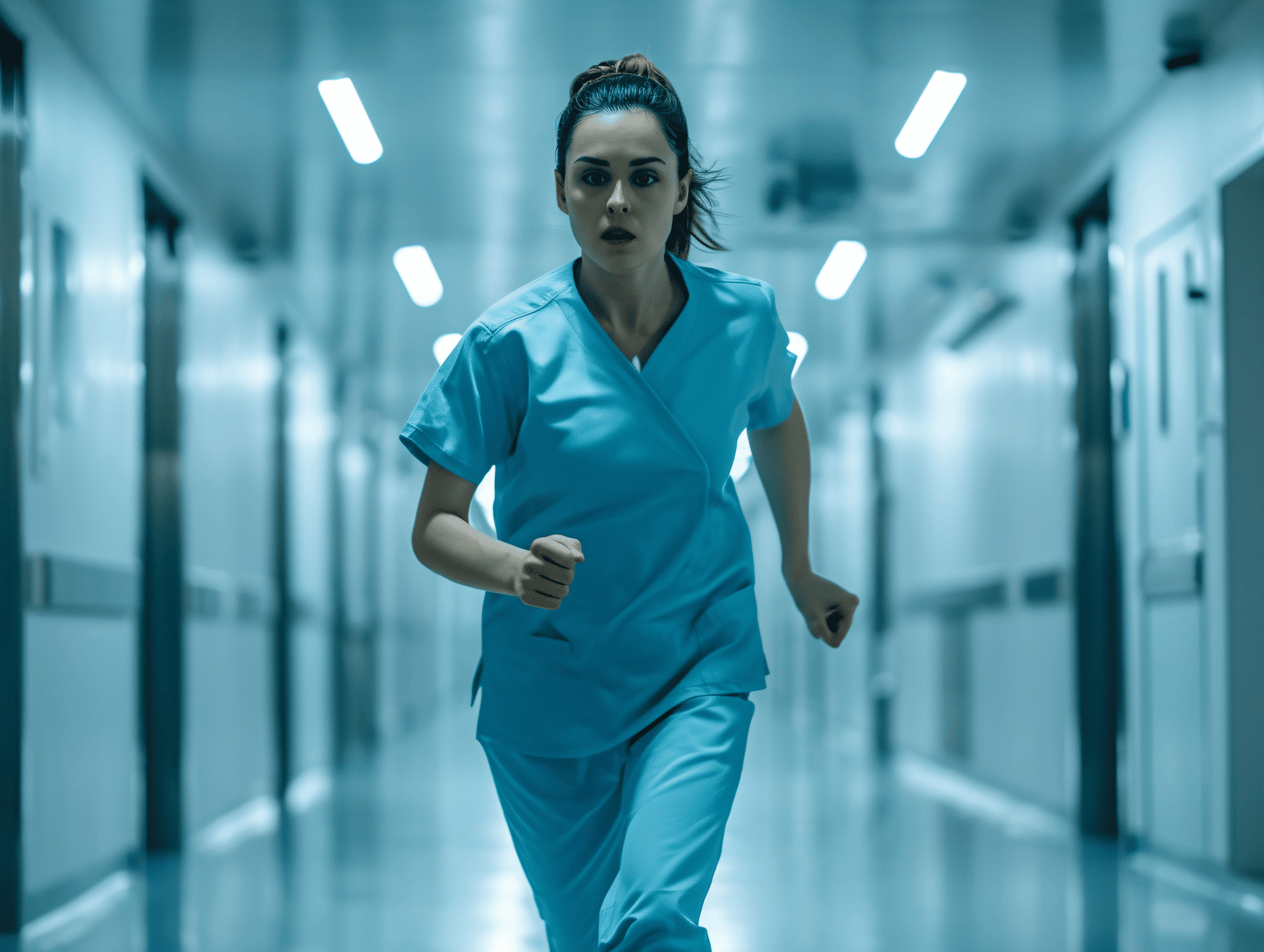 Medical assistant running in an urgent care facility during an emergency.
